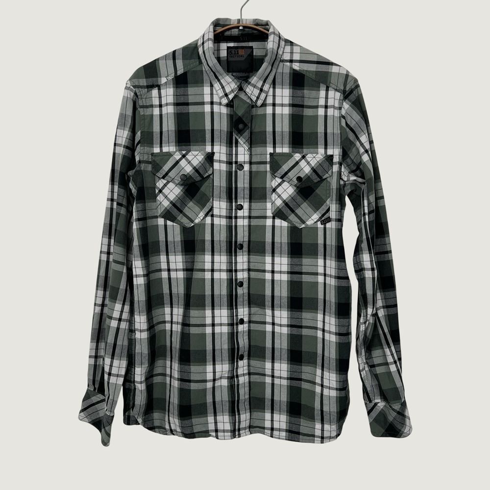 5.11 Tactical Mens Small Green Plaid Long Sleeve Snap Front Cotton Shirt Utility